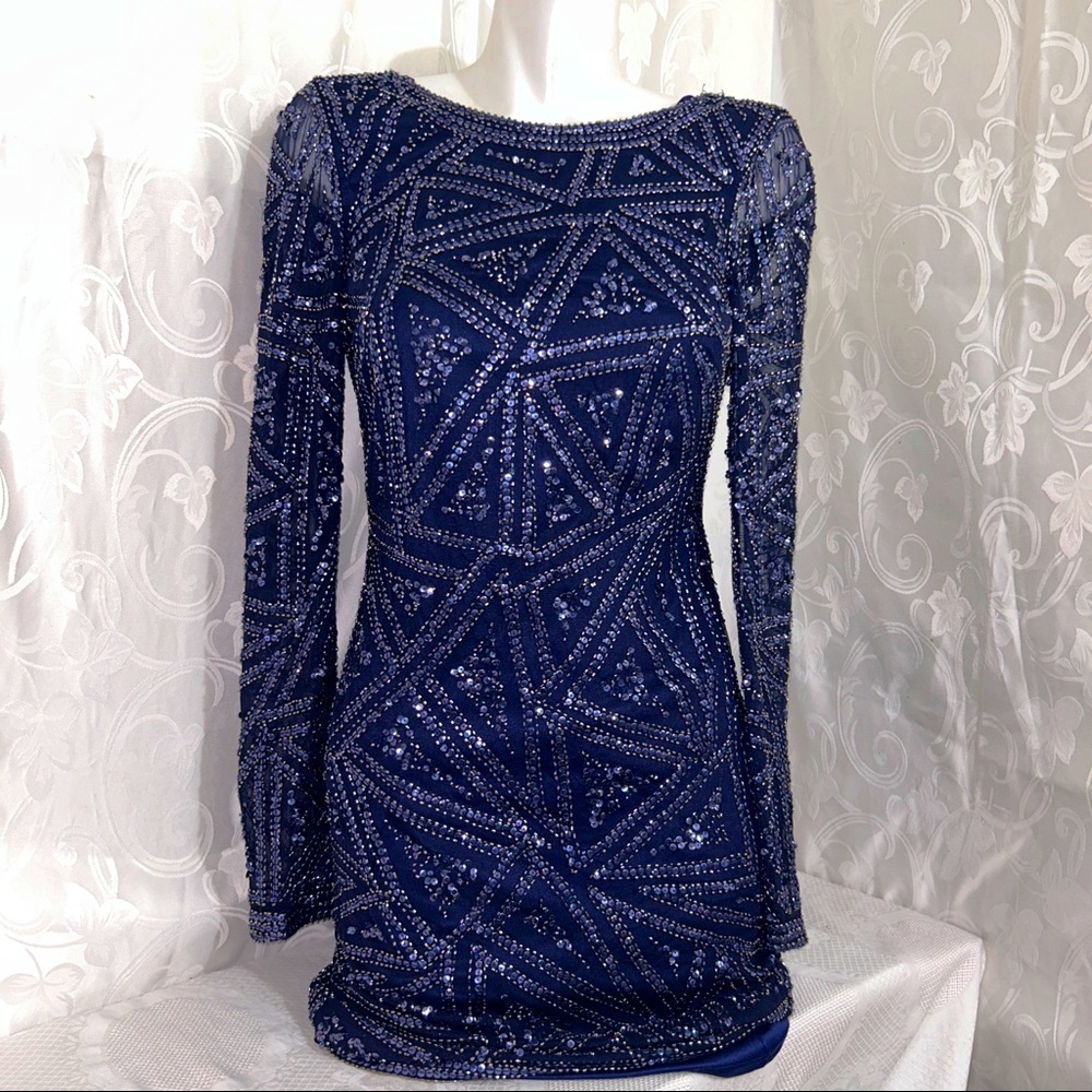 Aidan Mottox Navy Bejewelled Rayon Boatneck Dress